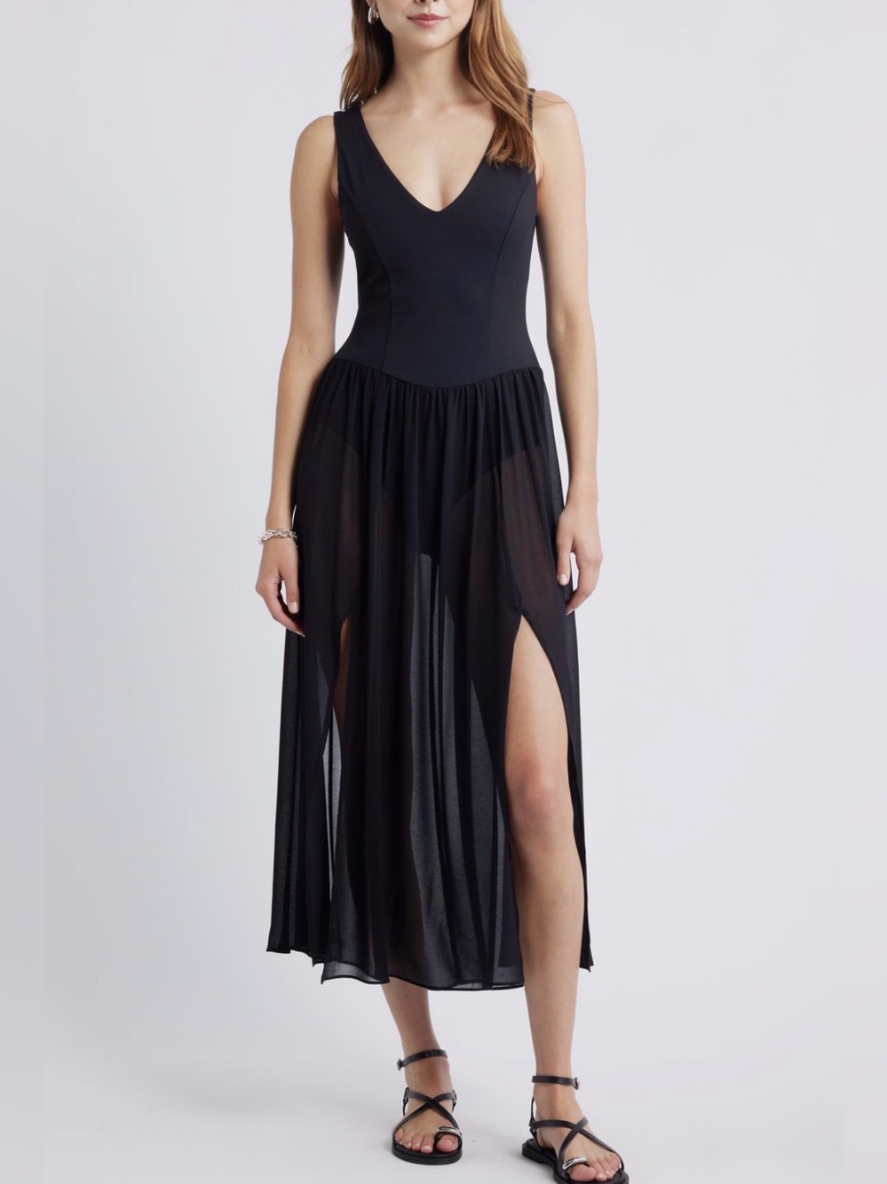 NWT Open Edit Black Mixed Media Midi Dress Size S